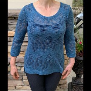 Pink Republic beautiful dark blue crocheted sweater, round neck, Large